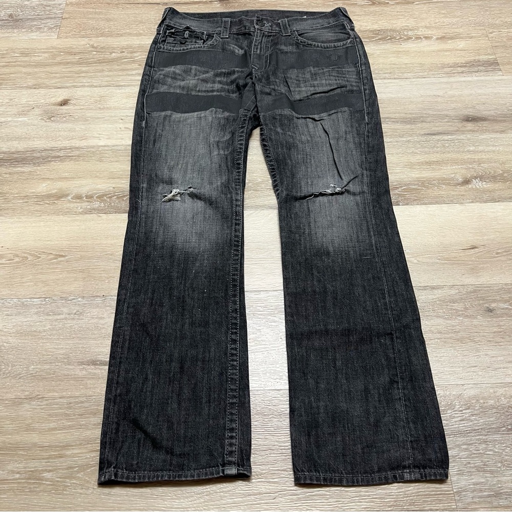 True Religion "Straight Flaps” Men's Jeans Tag Size 34x34 Black Gray Distressed